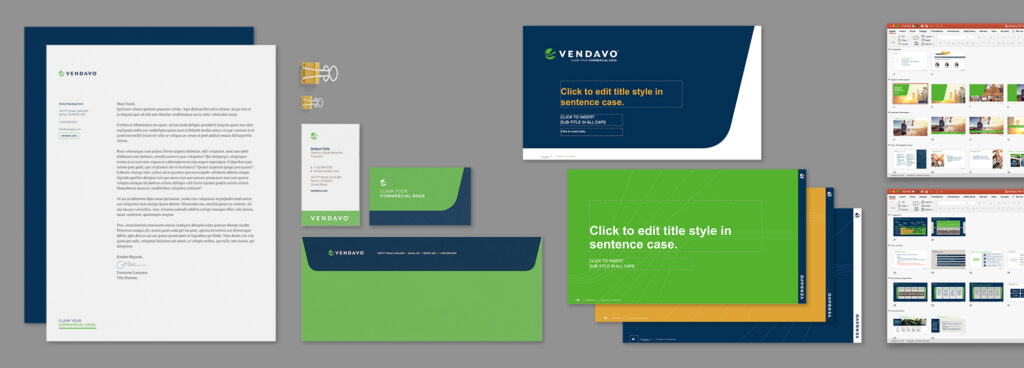 Vendavo branded materials collage including letterhead, business cards, and presentation slides.