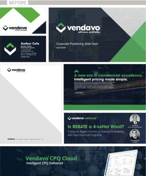 Vendavo previously branded presentation graphics and promotional materials including business cards and letterhead. 
