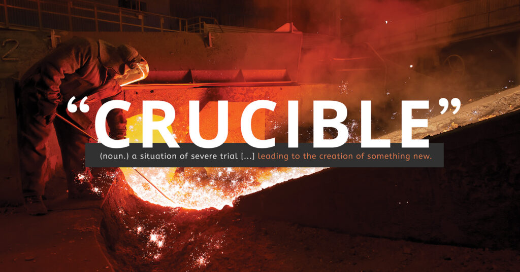 Crucible brand storytelling definition graphic with welder background