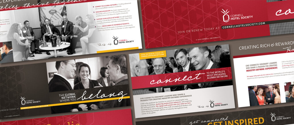 Cornell Hotel Society brand and marketing materials featuring signature graphics, new color palette, and signature photography.