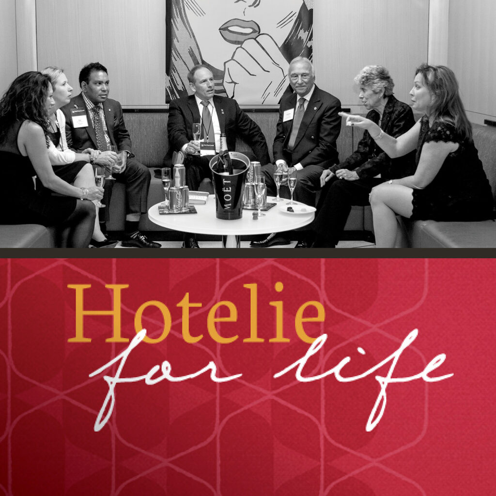 Cornell Hotel Society's new brand identity and brand messaging featuring their new tagline "Hotelie for Life." Shown with a group of Cornell Hotel Society alumni attending an event.