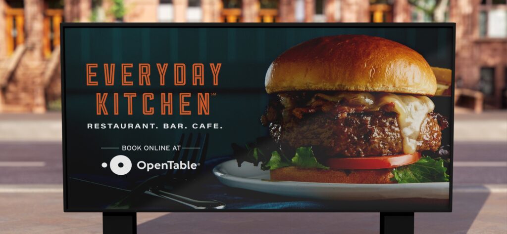 Everyday Kitchen environmental branding billboard with burger and OpenTable logo.