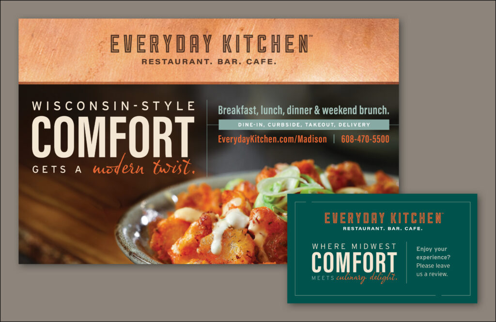 Everyday Kitchen branded postcard and review card with brand messaging. 