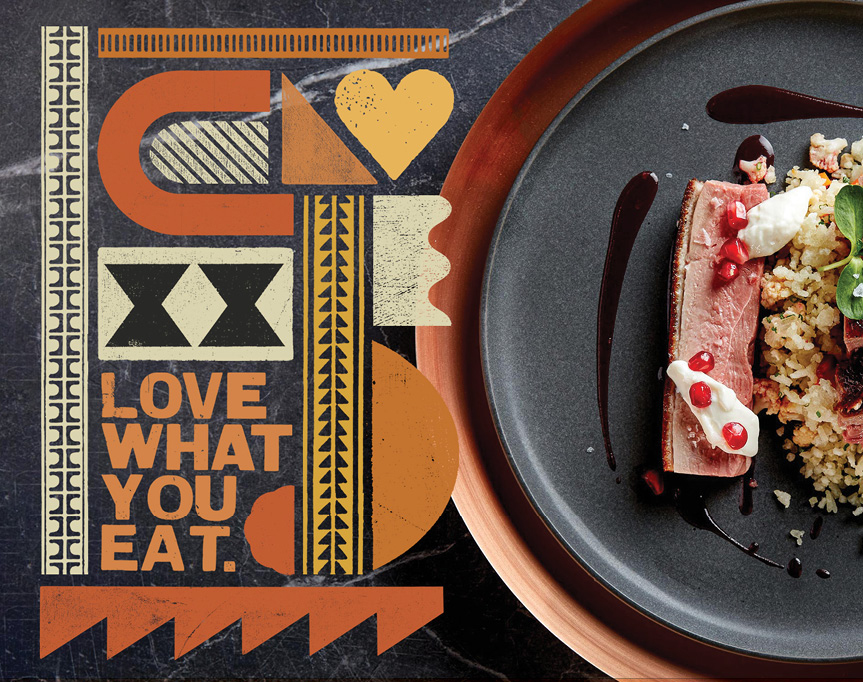 Love what you eat brand messaging graphic overlaid on duck food plate.