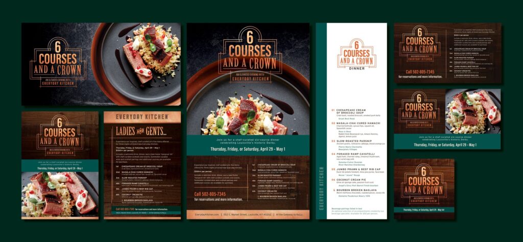 6 Courses and a Crown Everyday Kitchen event restaurant branding material collage.