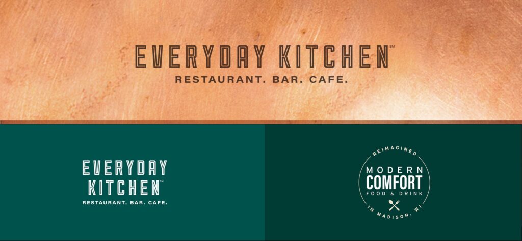 Everyday Kitchen brand identity in various formats on copper background texture and teal color flood.