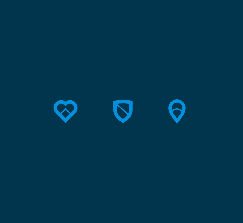 On Purpose Now blue brand iconography of a heart, shield, and location pin.