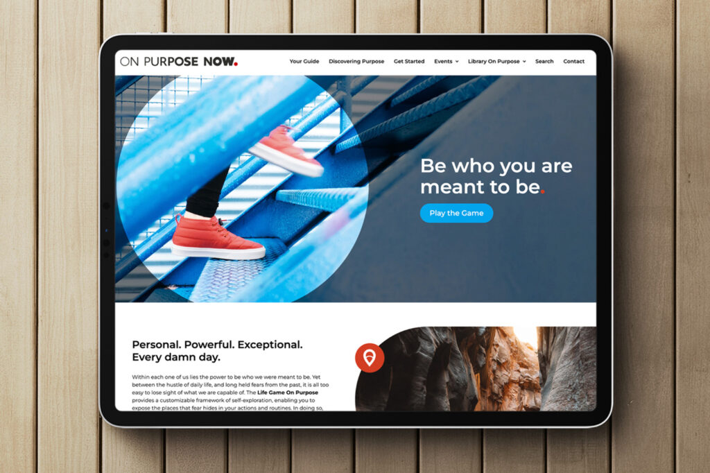 On Purpose Now coaching brand website homepage with inspirational imagery — displayed on iPad with wooden slat background to communicate brand strategy.