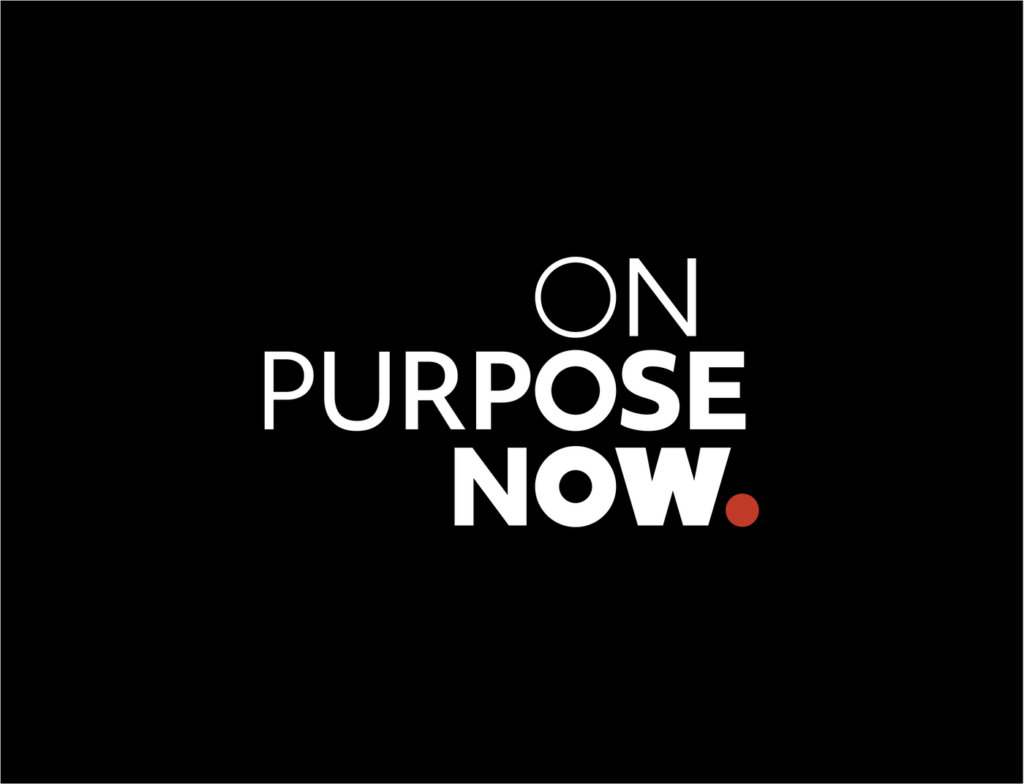 On Purpose Now Brand Identity in white and red on black.