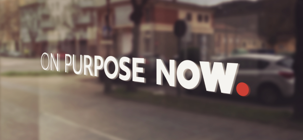 On Purpose Now Brand Identity displayed as vinyl on glass window.