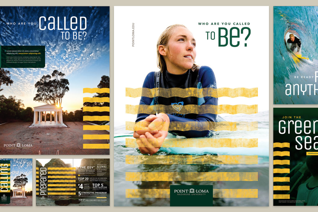 Suite of PLNU Undergraduate print collateral examples with brand positioning of higher intensity — brochures and brochure spreads. 