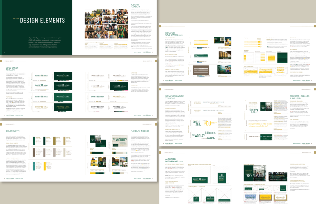 Spreads from the PLNU Brand Standards which display brand identity, brand messaging, and brand architecture. 