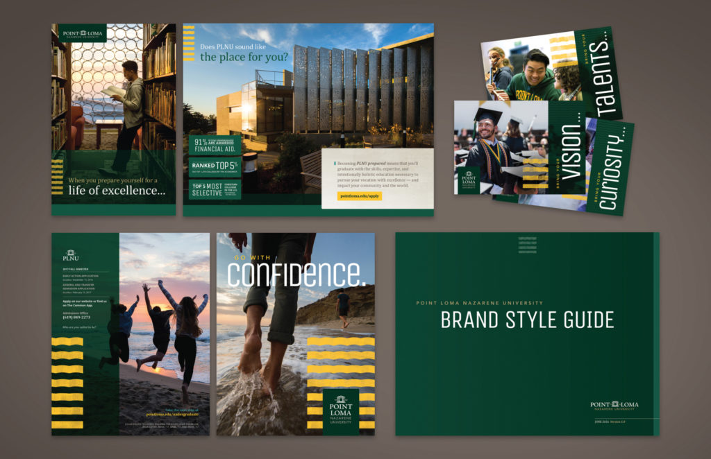 Suite of PLNU branded print collateral: brochures, postcards, brand standards. 