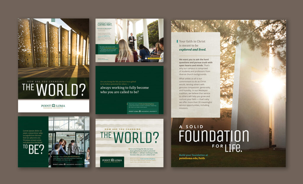 Suite of PLNU Graduate and Alumni print collateral examples with lower intensity — brochures, brochure spreads, postcards.