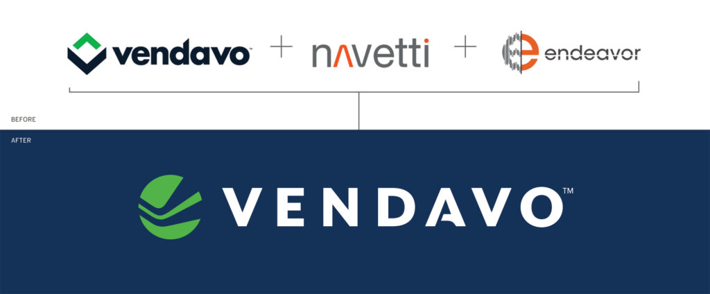 Vendavo brand identity — showing the former logos and how they were strategically combined to make the new Vendavo logo.