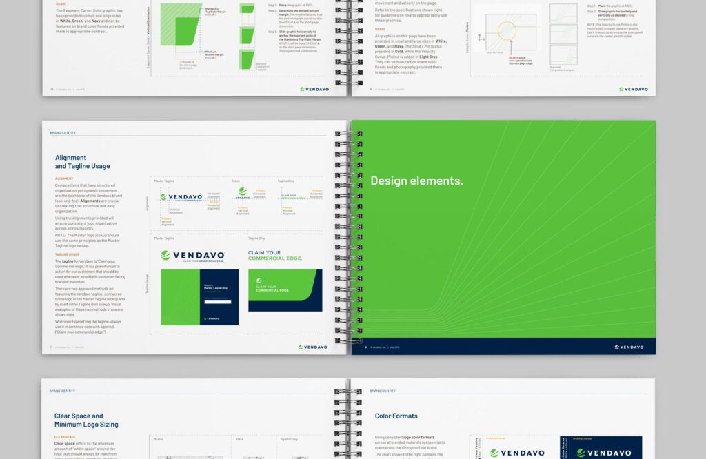 Vendavo brand guidelines displayed in notebook.