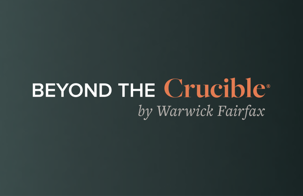Beyond the Crucible by Warwick Fairfax Brand identity in white, light orange, and tan — displayed on a grey gradient color flood. 