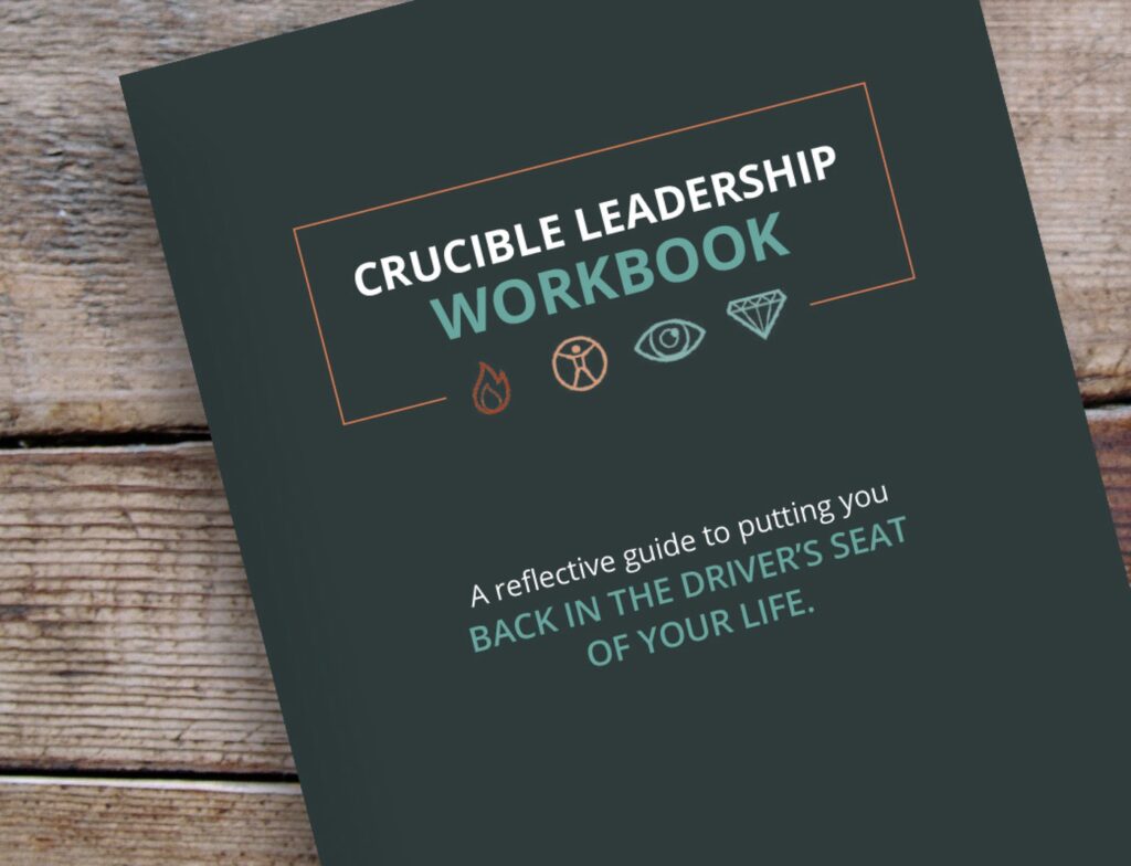 Crucible leadership workbook laying on a wooden table.