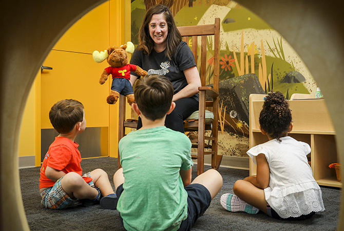 Tommy Moose plush used to cultivate play-based learning for children at Lodgic Kids Camp. 