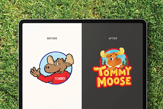 Tommy Moose character design — before and after. 